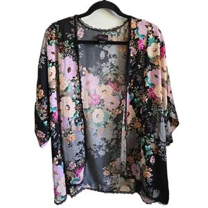 TORRID Floral Open-Front Kimono Lace Trim Black Multicolor Torrid Size 0 - Large